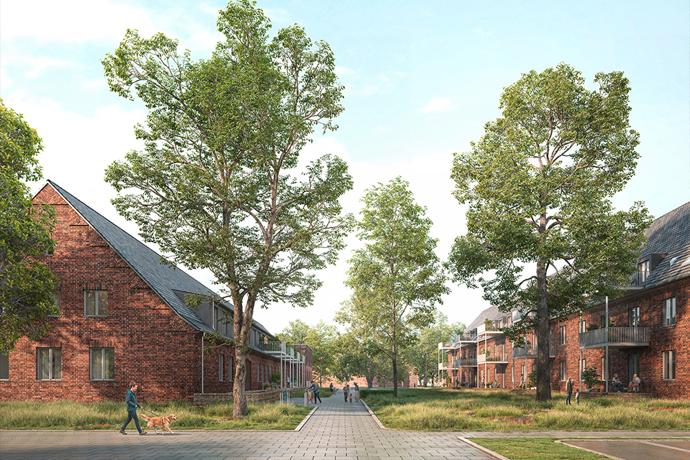 Rendering von Backsteingebäuden im Grünen